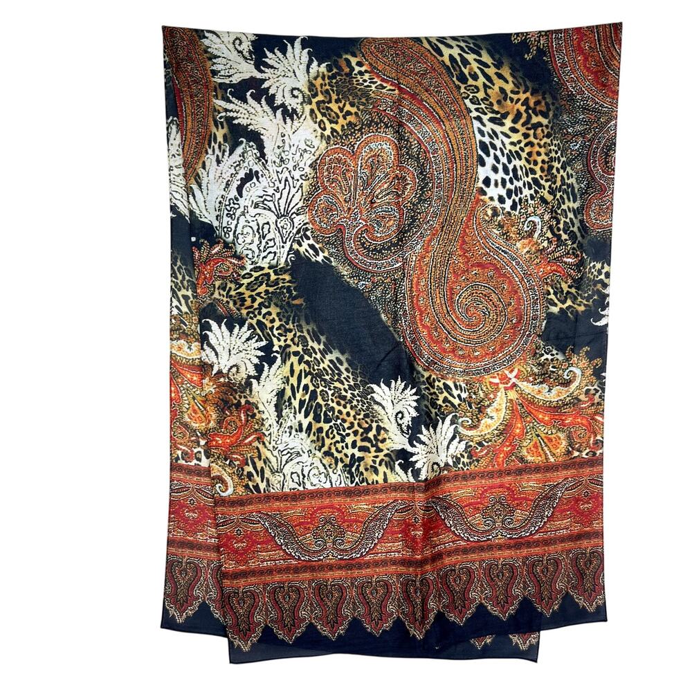 Vintage Large Neck Scarf Leopard Print Orange Red Paisley Printed